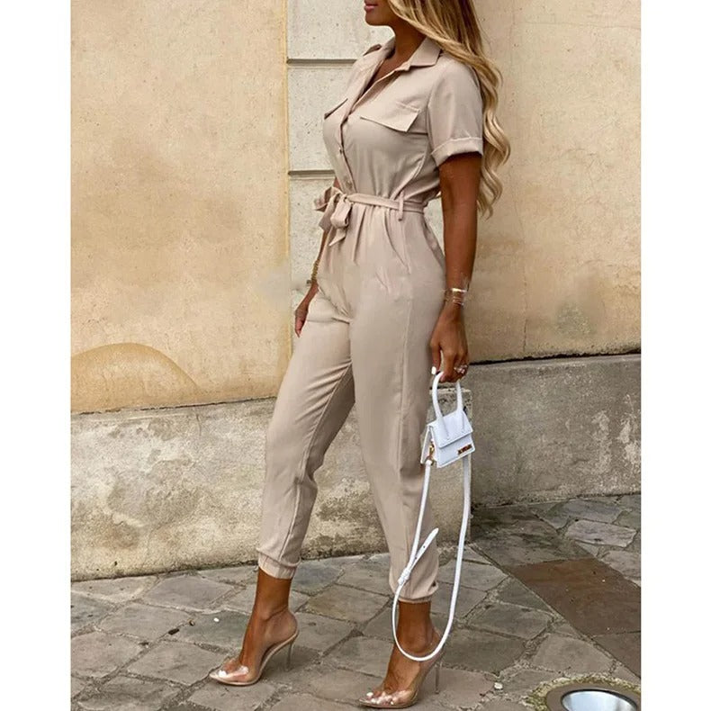 Monokromatisk jumpsuit med belte for kvinner