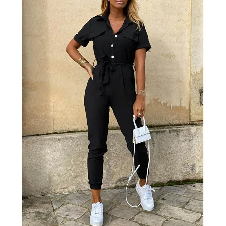 Monokromatisk jumpsuit med belte for kvinner