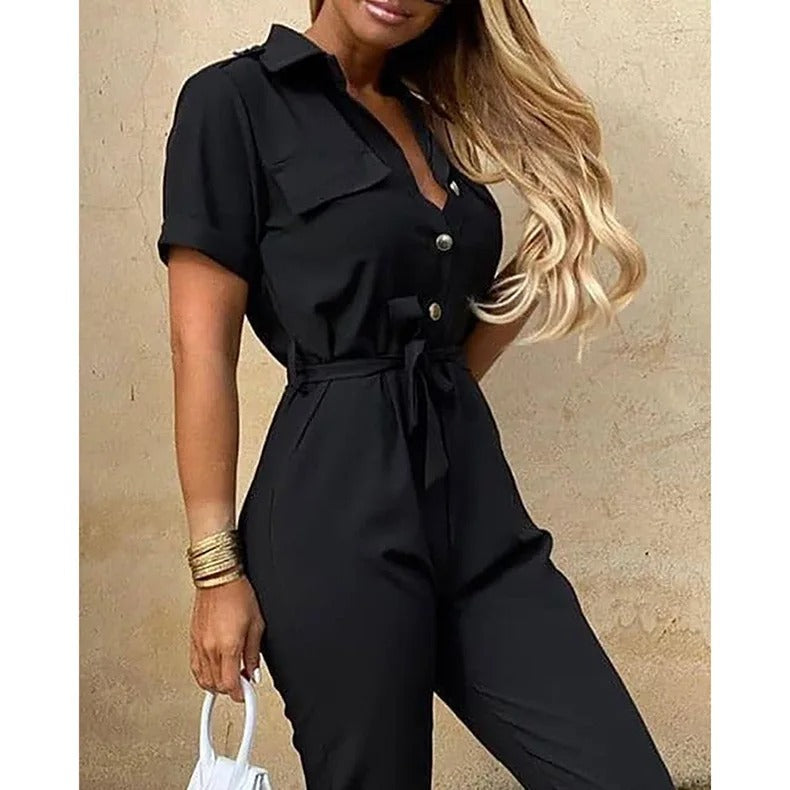 Monokromatisk jumpsuit med belte for kvinner