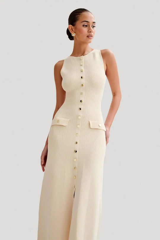 Button-up strikket Bodycon-kjole for kvinner