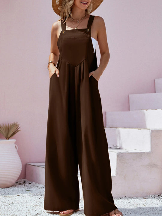 Ensfarget jumpsuit med bukseseler til dame