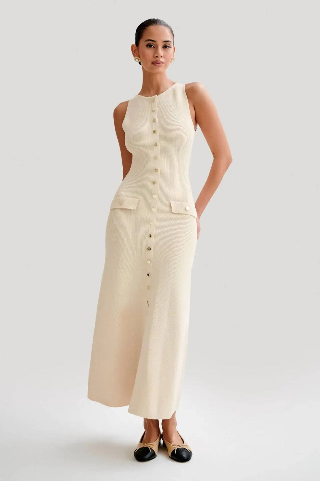 Button-up strikket Bodycon-kjole for kvinner