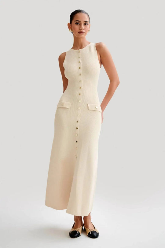Button-up strikket Bodycon-kjole for kvinner