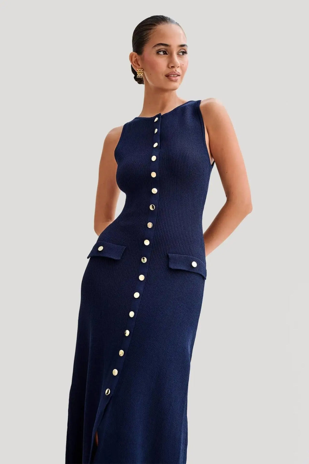 Strikket ermeløs bodycon-kjole med knapp opp for kvinner