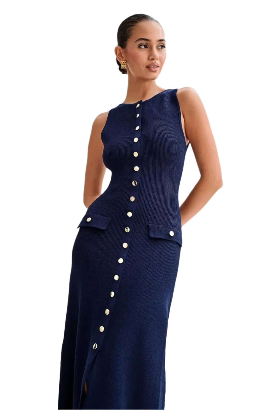 Button-up strikket Bodycon-kjole for kvinner