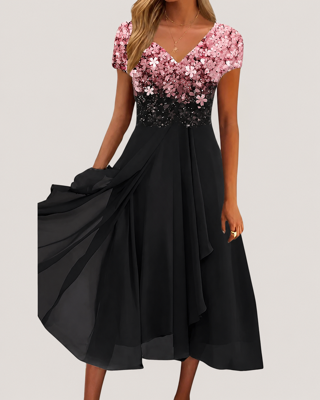Kvinne Midi Kjole Blomstertrykk Chiffon