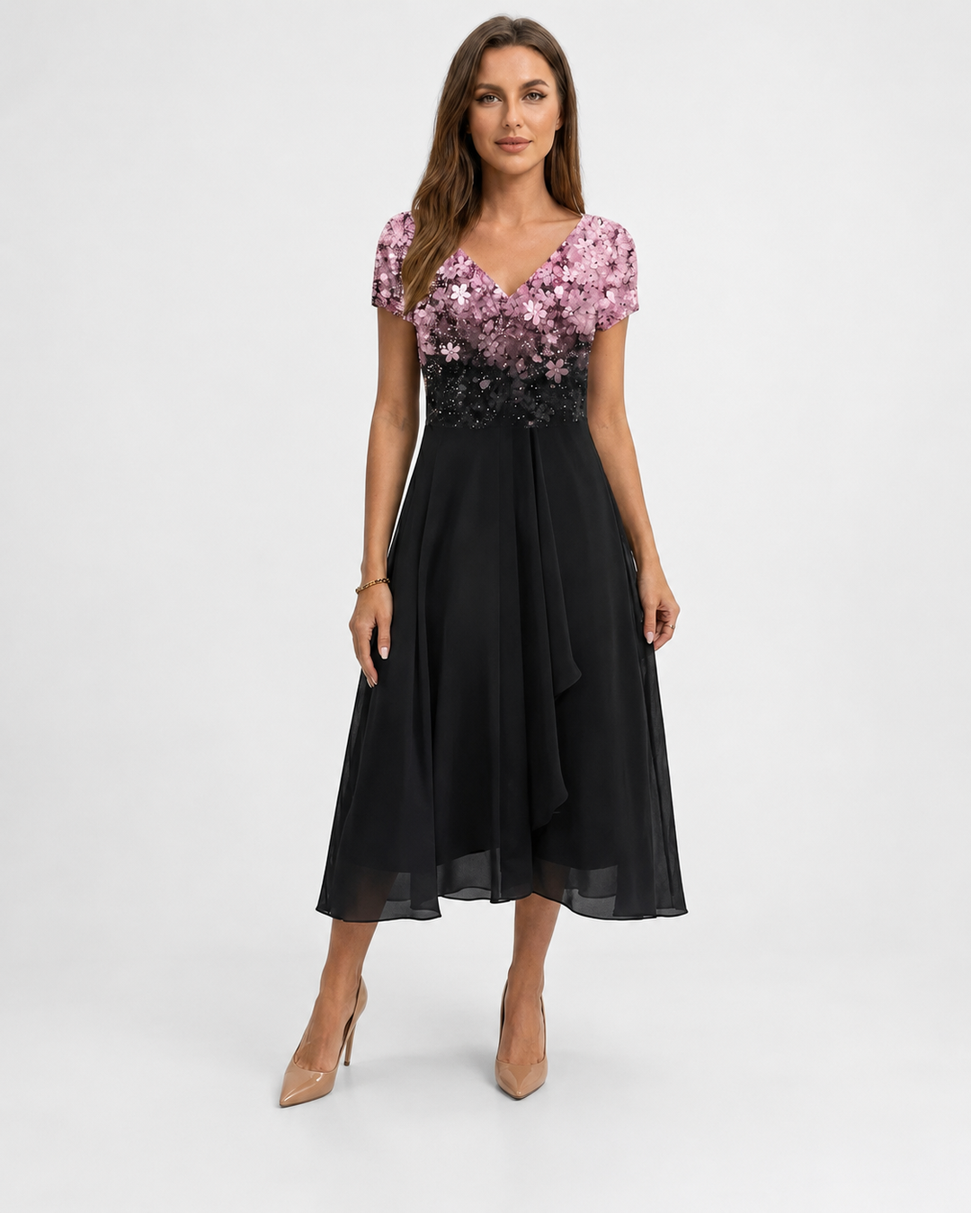 Kvinne Midi Kjole Blomstertrykk Chiffon