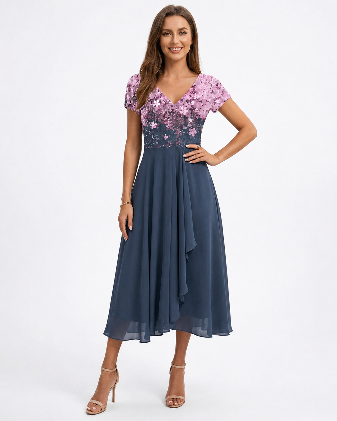 Kvinne Midi Kjole Blomstertrykk Chiffon