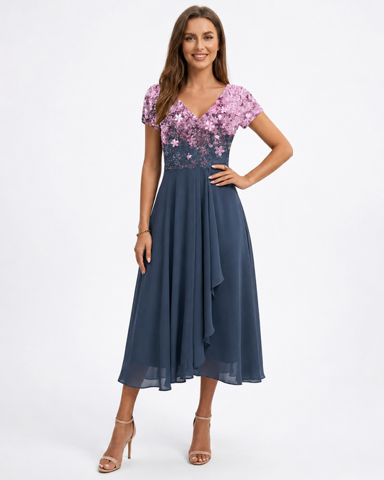 Kvinne Midi Kjole Blomstertrykk Chiffon