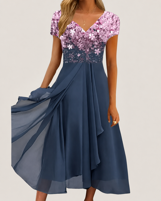 Kvinne Midi Kjole Blomstertrykk Chiffon