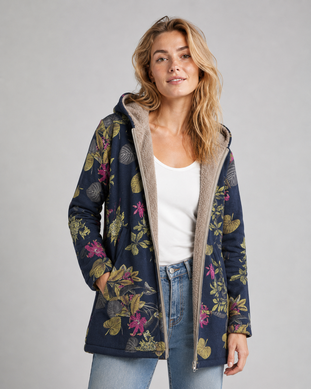 Kvinners Fleecejakke med Hette og Blomsterdesign