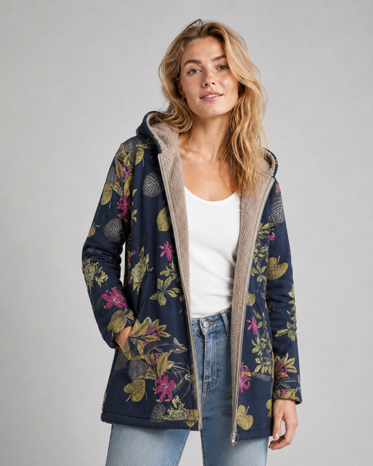 Kvinners Fleecejakke med Hette og Blomsterdesign