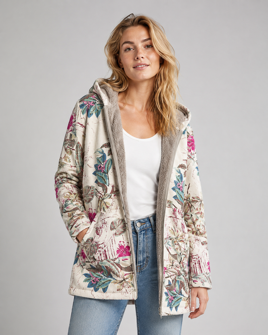 Kvinners Fleecejakke med Hette og Blomsterdesign