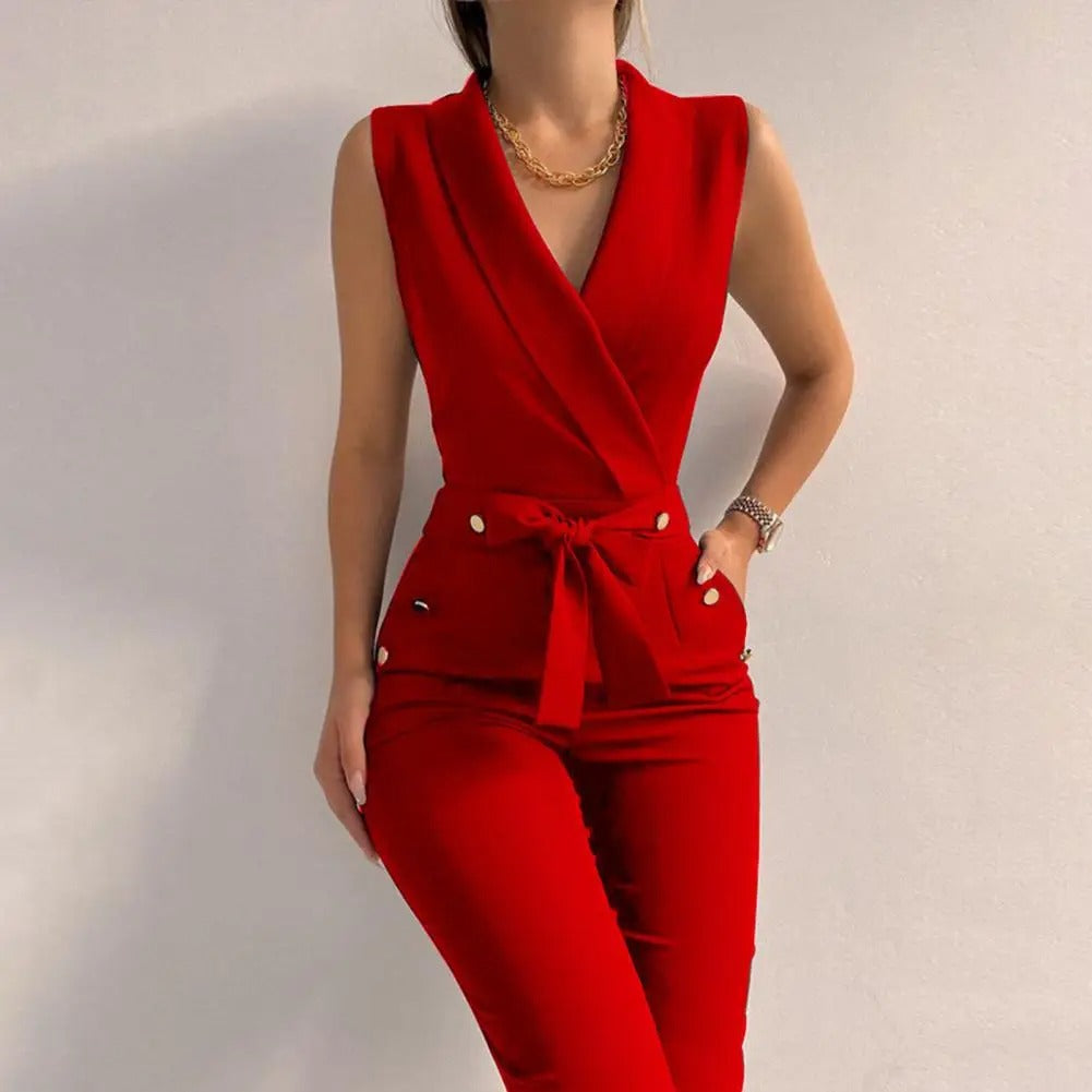 Uformell jumpsuit med V-hals for kvinner