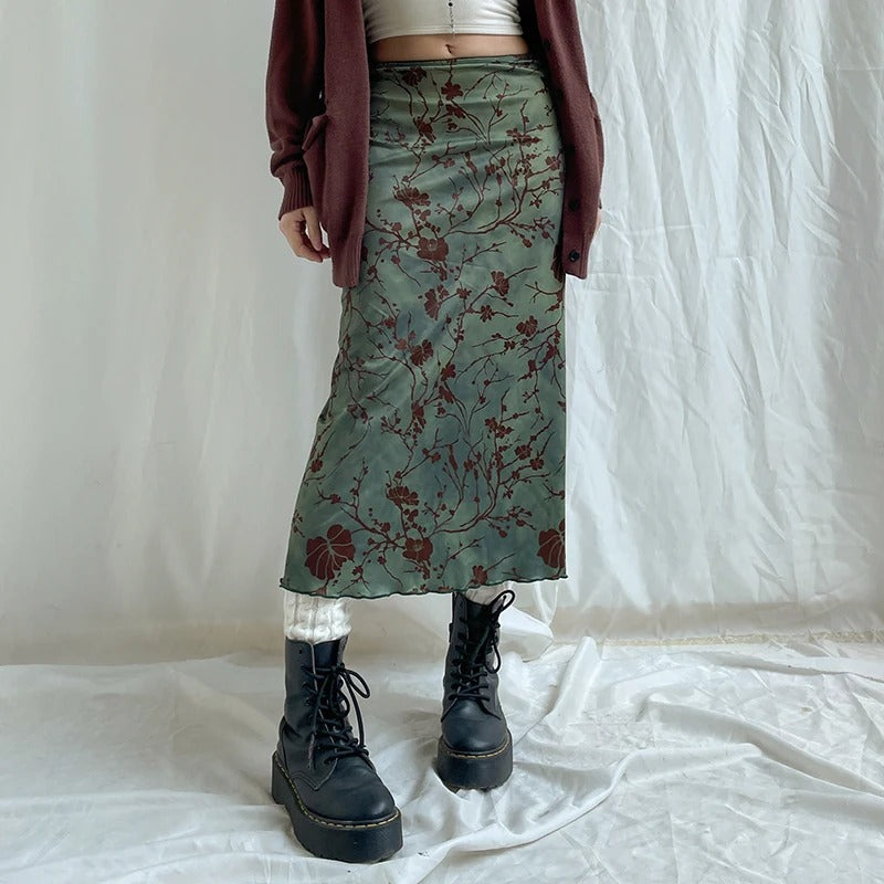 Midi-skjørt med vintage blomstertrykk