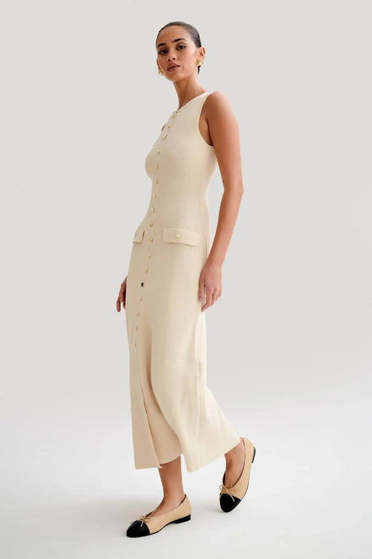 Button-up strikket Bodycon-kjole for kvinner