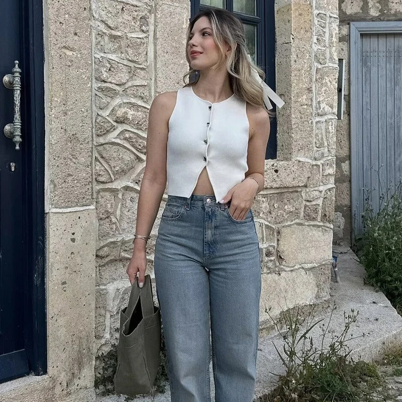 Strikket Crop-skjorte med knapper for kvinner