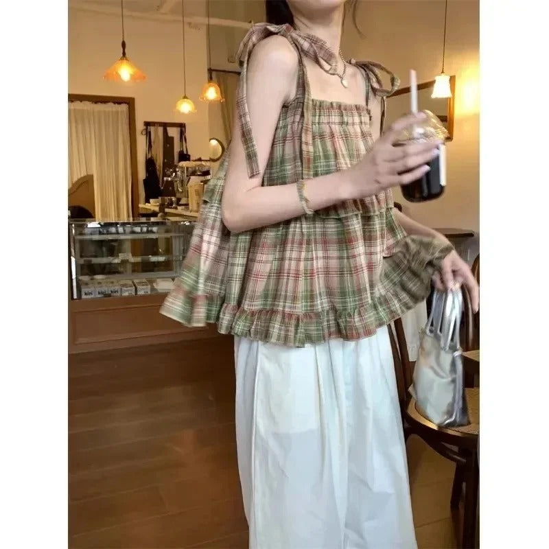 Rutete Ermeløs Crop Tank Top for kvinner