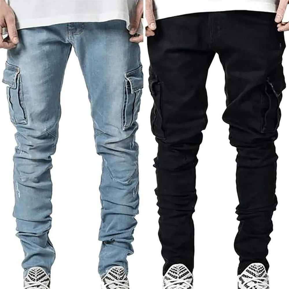 Elastiske jeans med flere lommer for menn