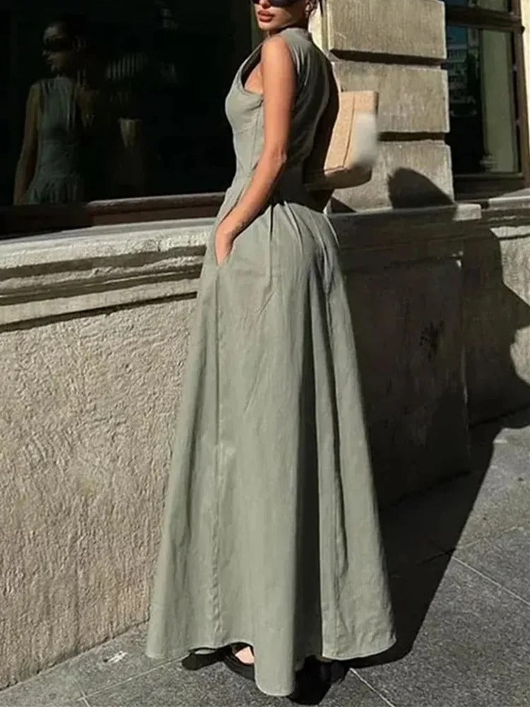 Dame ermeløs glidelås Plissert Bodycon Midi-kjole