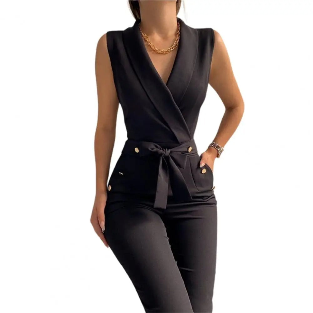 Uformell jumpsuit med V-hals for kvinner