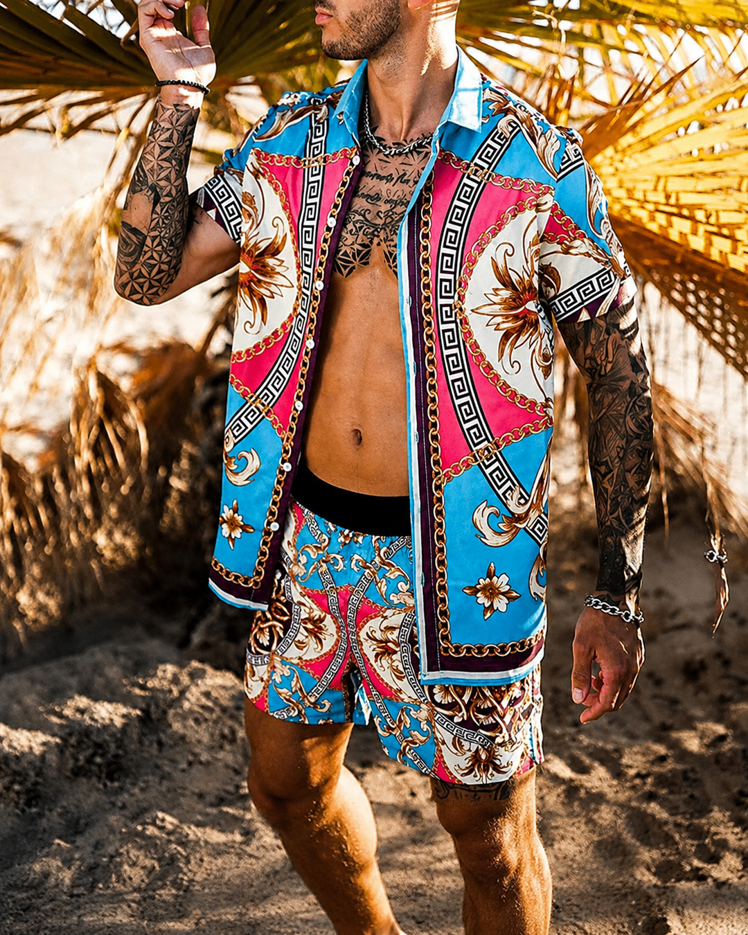 Menns Todelt Sommersett med Patchwork-Design