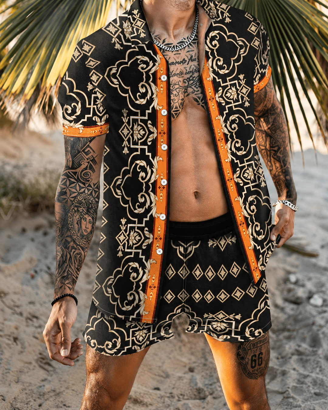 Menns Todelt Sommersett med Patchwork-Design