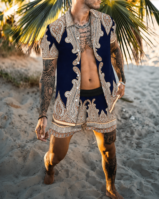 Menns Todelt Sommersett med Patchwork-Design