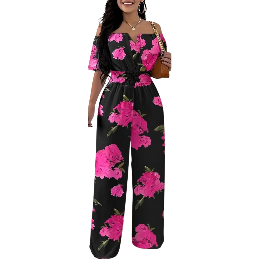 Jumpsuit med trykk uten skulder og smock i midjen
