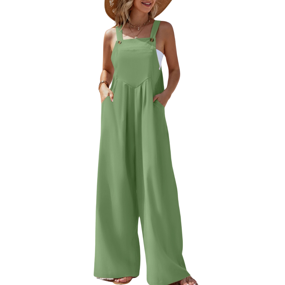 Ensfarget jumpsuit med bukseseler til dame