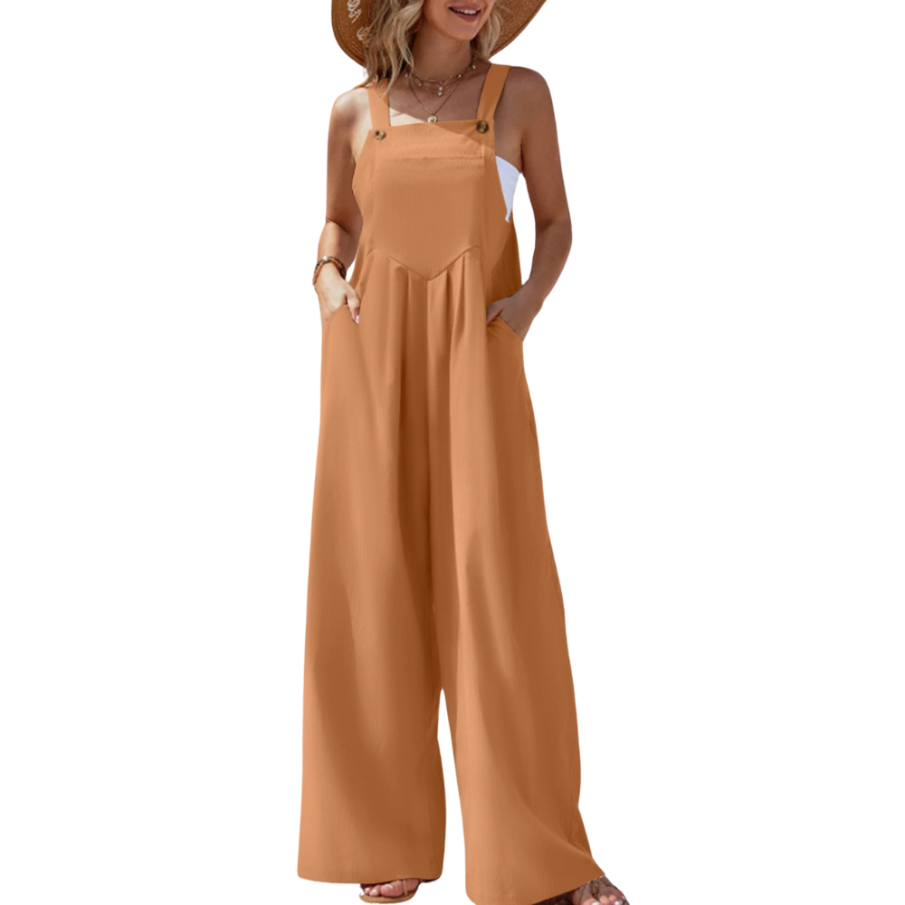 Ensfarget jumpsuit med bukseseler til dame