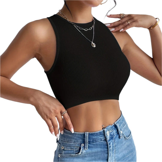 Ribbete ermeløs elastisk crop-topp for kvinner