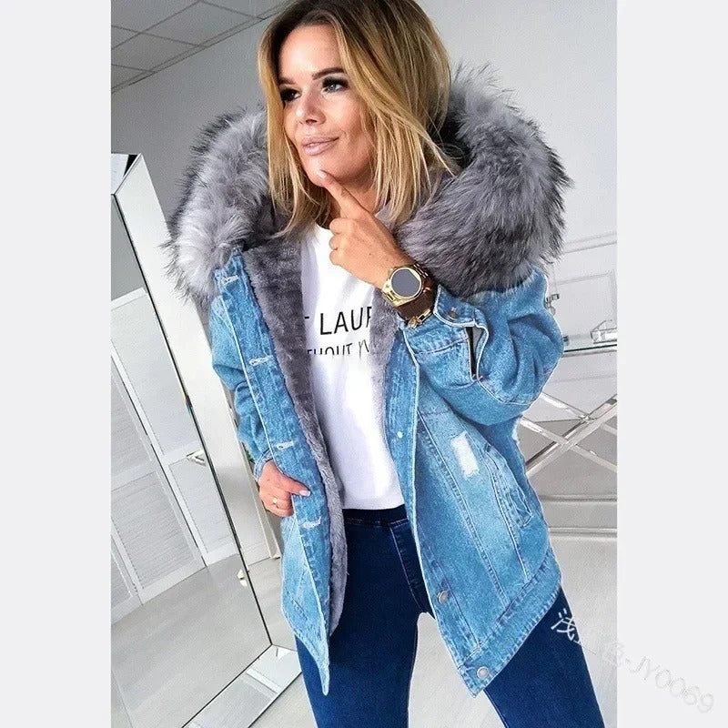 Denimjakke for kvinner med pelskrage