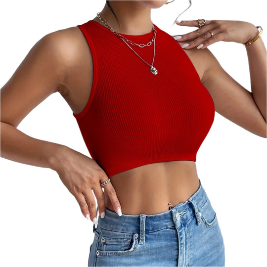 Ribbete ermeløs elastisk crop-topp for kvinner