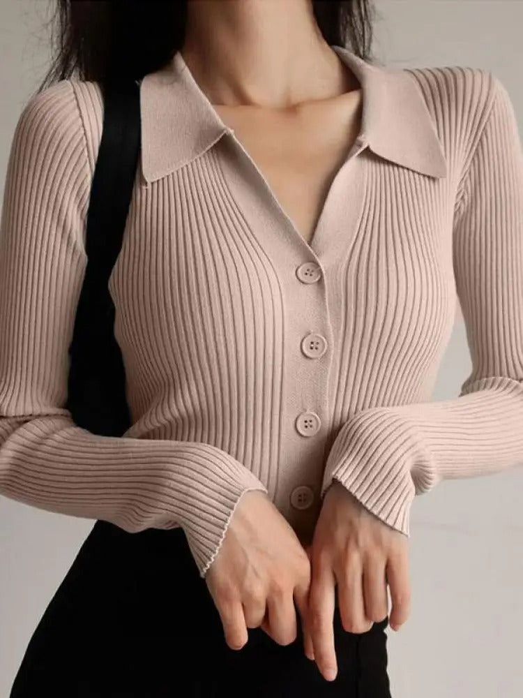 V-hals strikket slim cardigan for kvinner