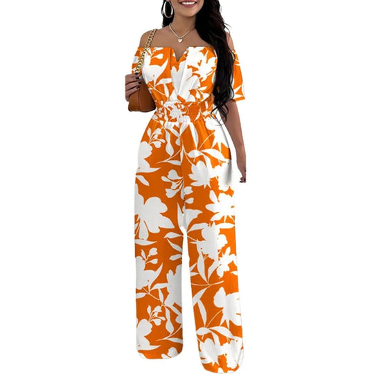Jumpsuit med trykk uten skulder og smock i midjen